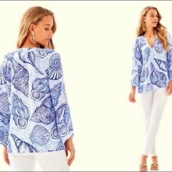 Lilly Pulitzer- Matilda Elsa silk top, blue peri stuffed shells - Picture 1 of 3